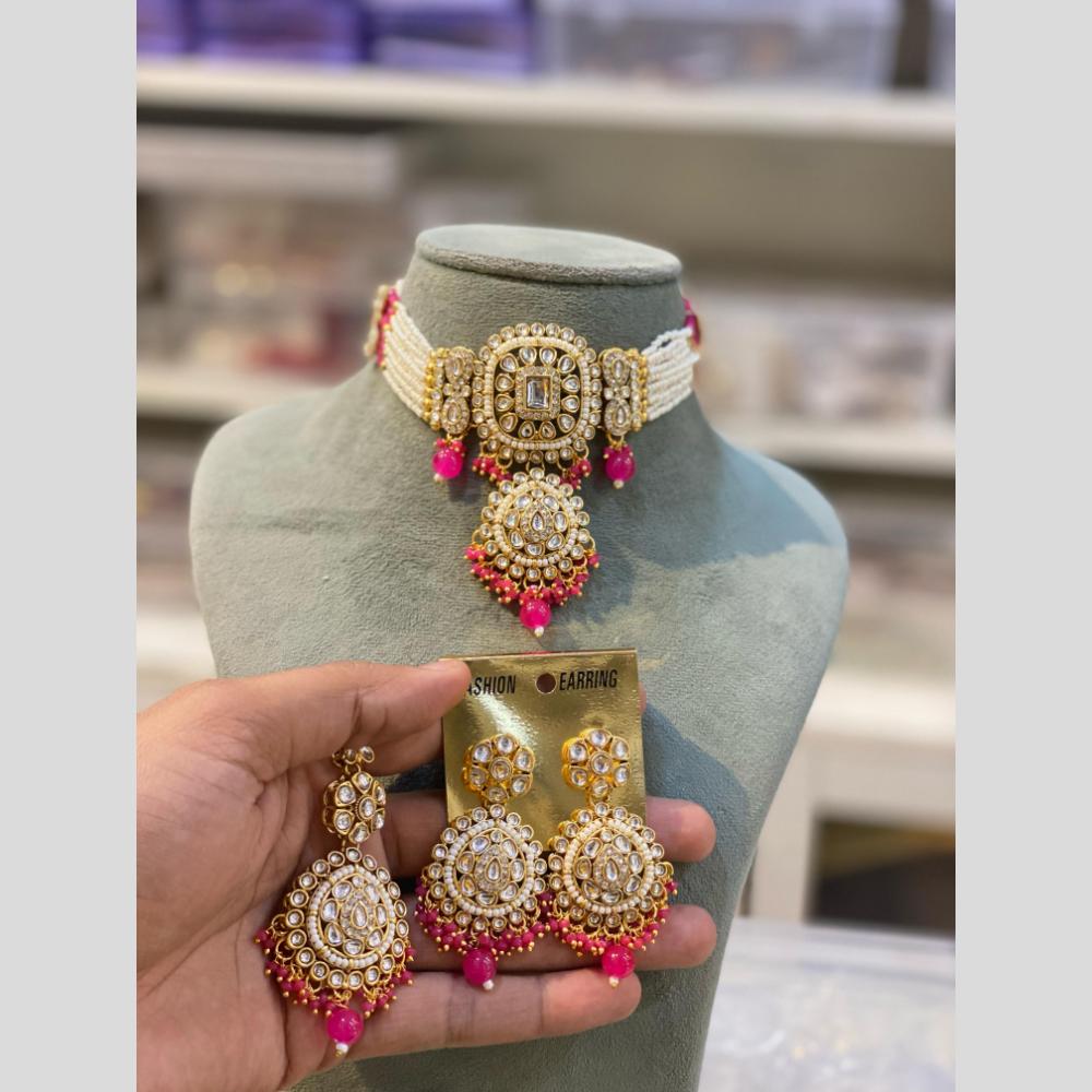 Hira Collection Traditional Gold Plated Kundan & Beaded Choker Necklace Set