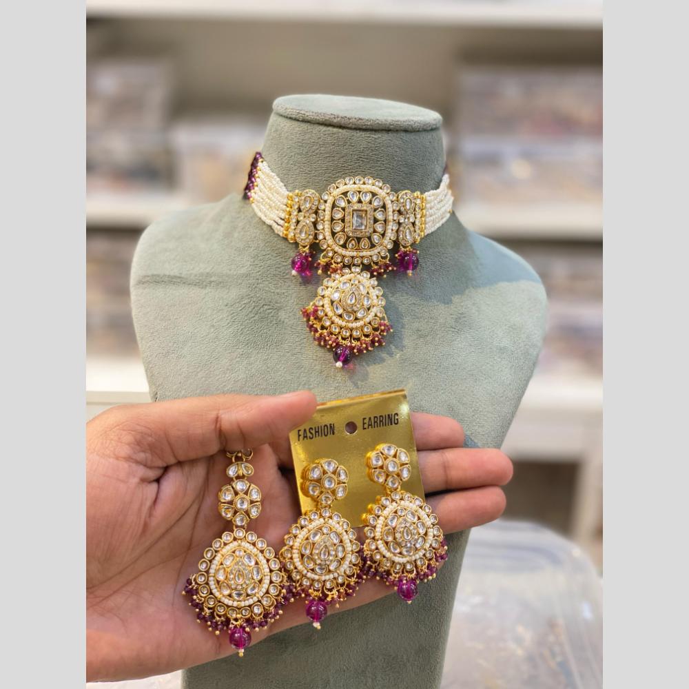 Hira Collection Traditional Gold Plated Kundan & Beaded Choker Necklace Set