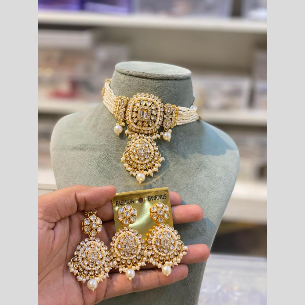 Hira Collection Traditional Gold Plated Kundan & Beaded Choker Necklace Set