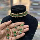 Hira Collections Traditional Gold Plated  Pearls and Crystals Choker Necklace Set