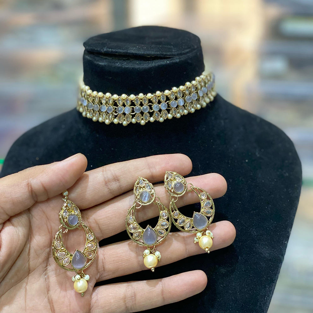Hira Collections Traditional Gold Plated  Pearls and Crystals Choker Necklace Set