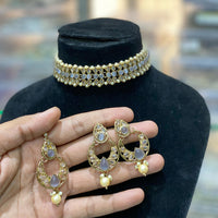 Hira Collections Traditional Gold Plated  Pearls and Crystals Choker Necklace Set