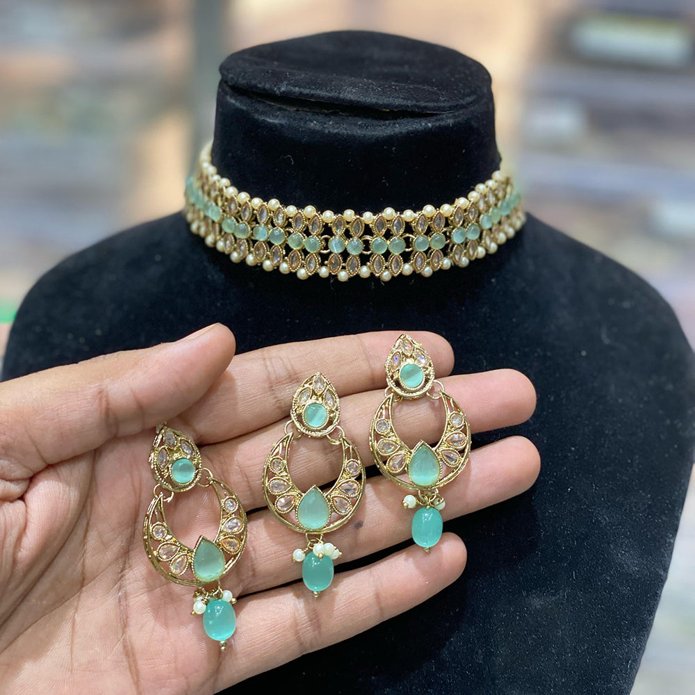 Hira Collections Traditional Gold Plated  Pearls and Crystals Choker Necklace Set