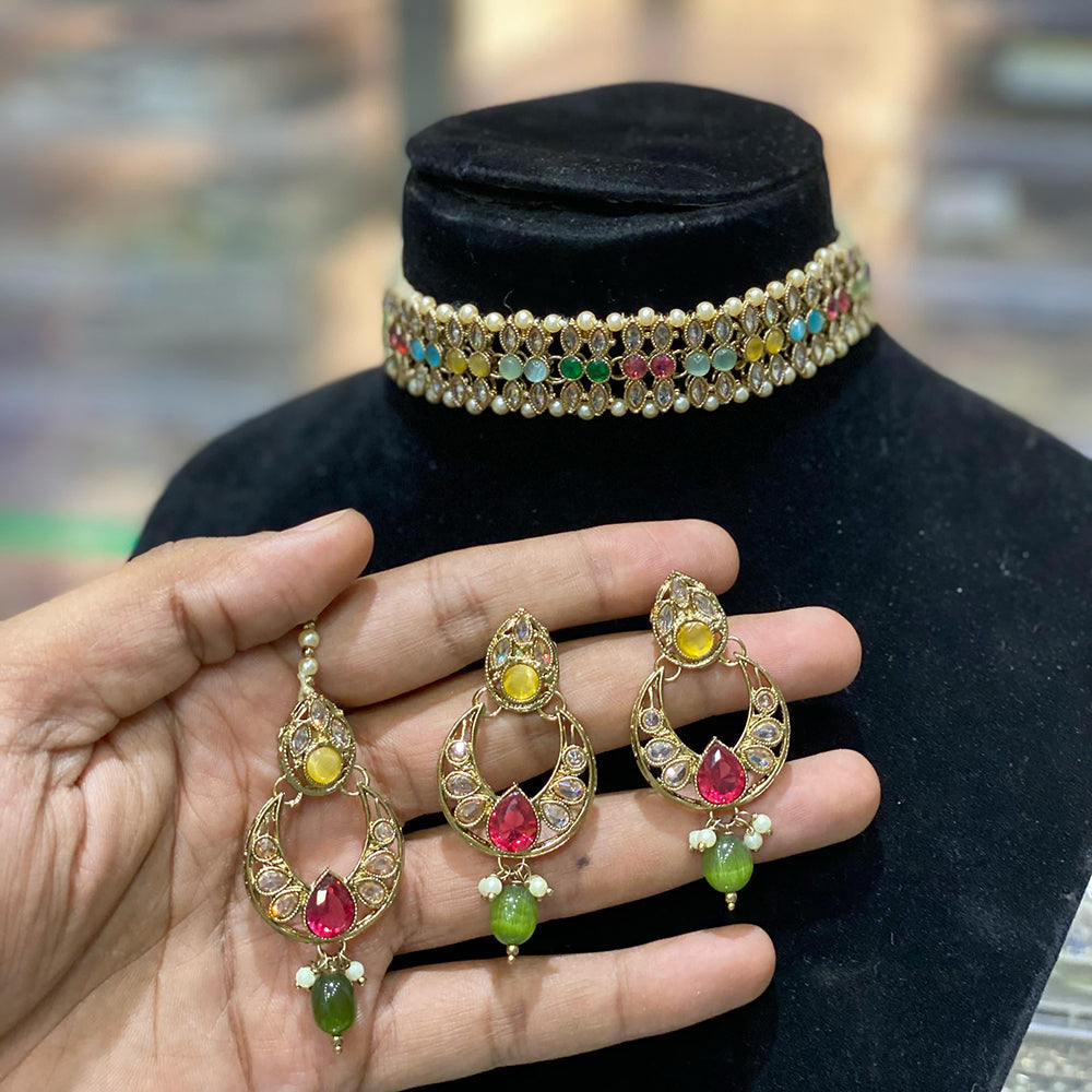 Hira Collections Traditional Gold Plated  Pearls and Crystals Choker Necklace Set