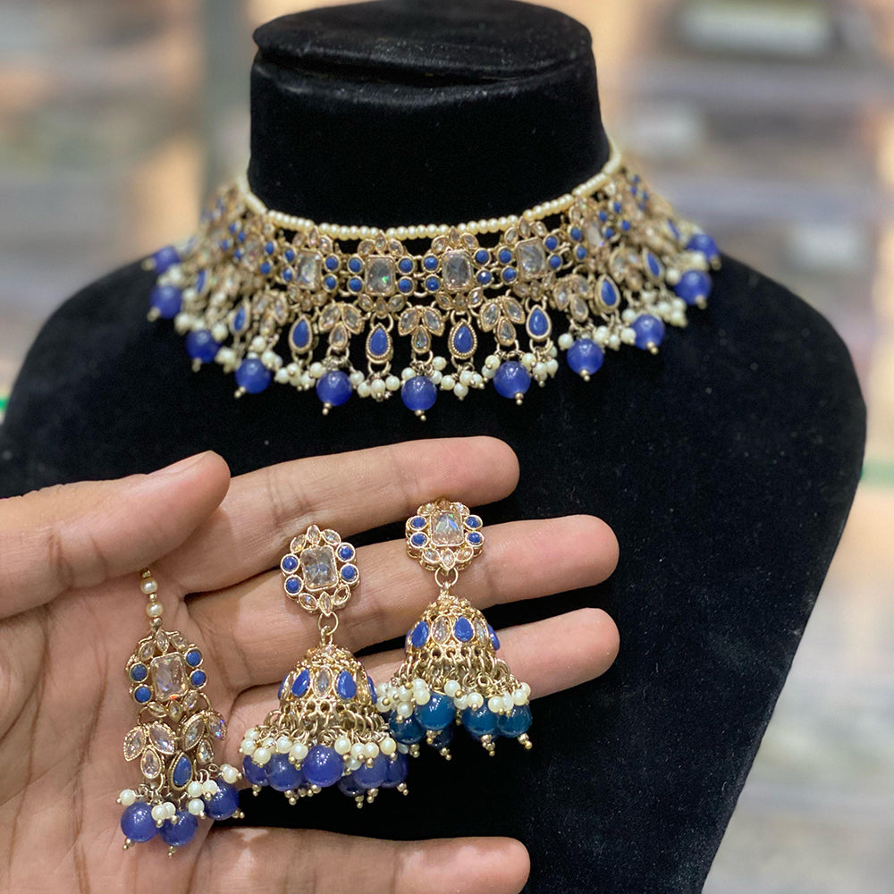 Hira Collections Traditional Gold Plated  Pearls and Crystals Choker Necklace Set