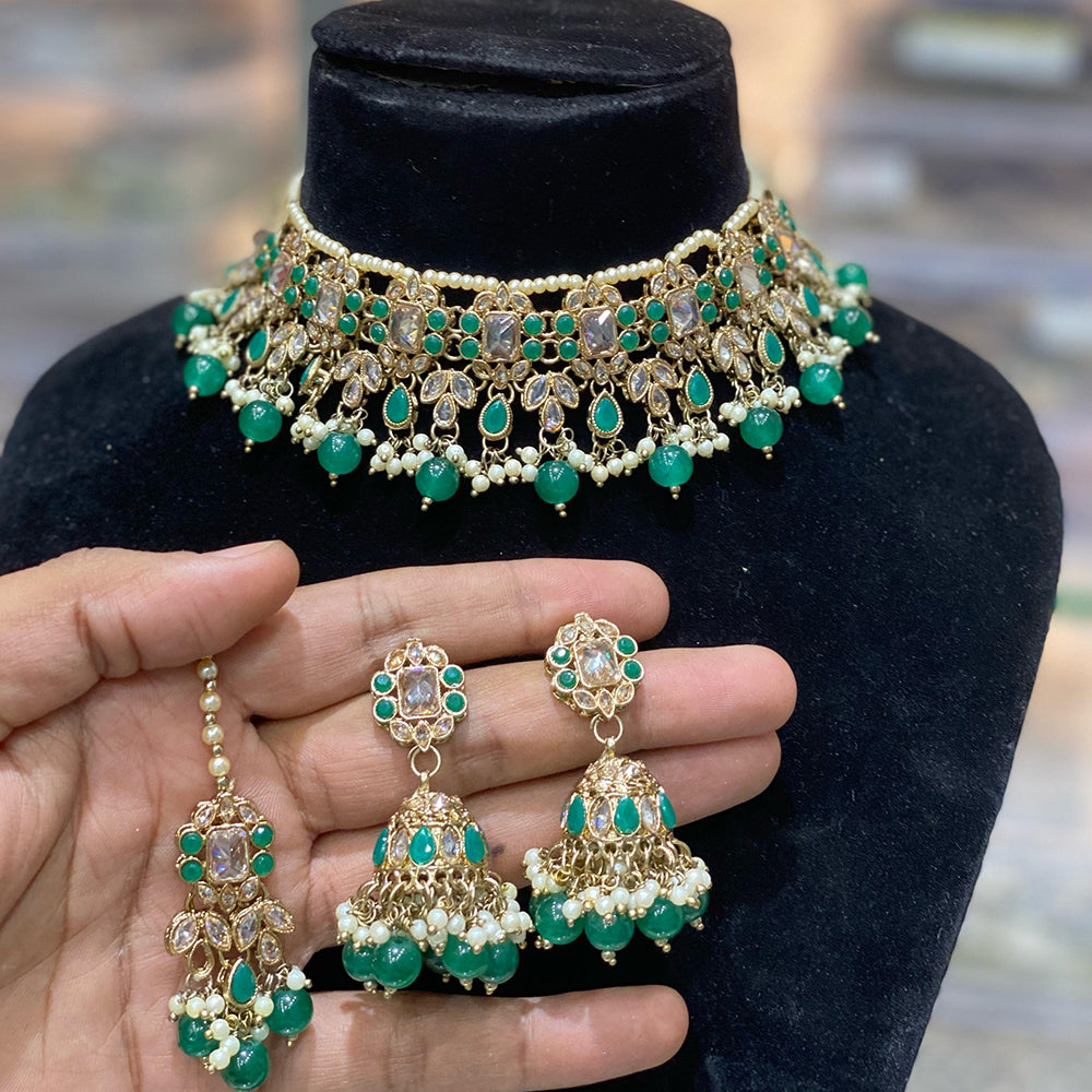 Hira Collections Traditional Gold Plated  Pearls and Crystals Choker Necklace Set