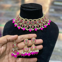 Hira Collections Traditional Gold Plated  Pearls and Crystals Choker Necklace Set
