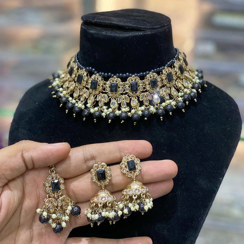 Hira Collections Traditional Gold Plated  Beads and Crystals Choker Necklace Set