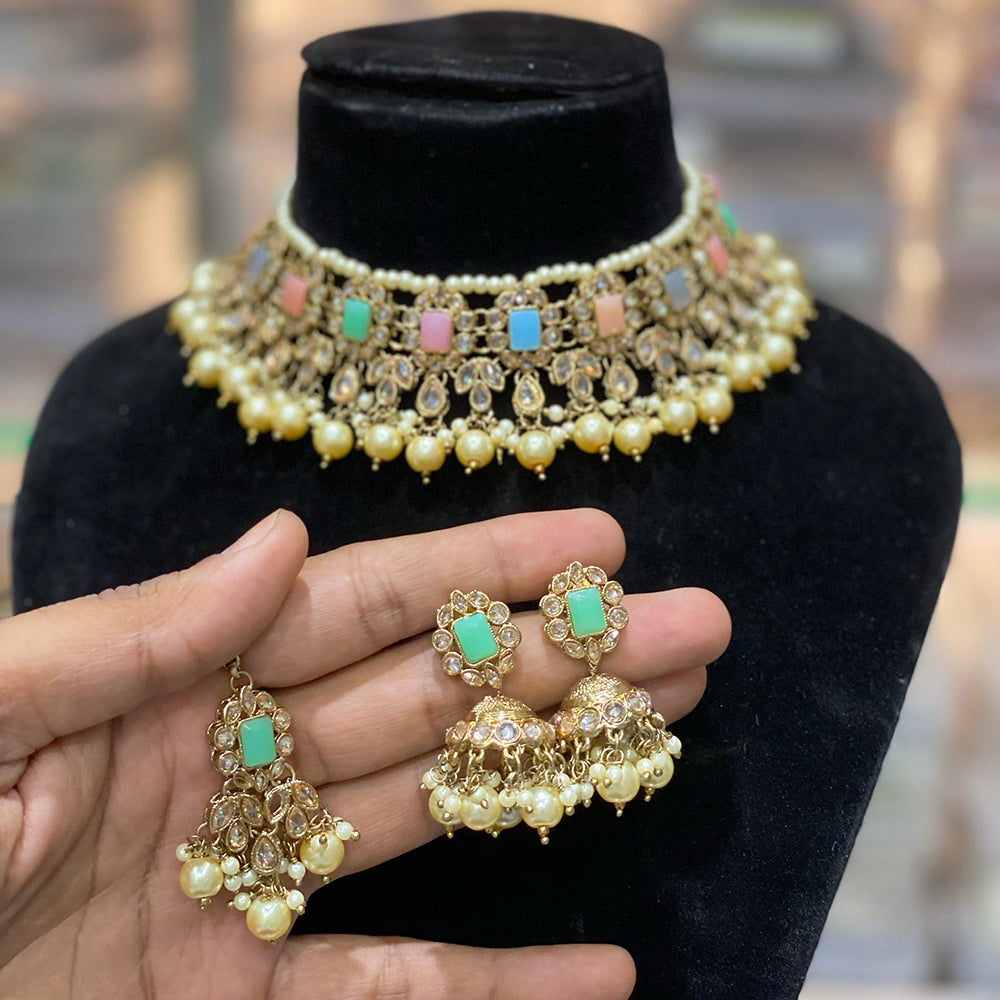 Hira Collections Traditional Gold Plated  Beads and Crystals Choker Necklace Set