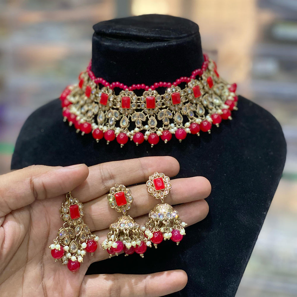 Hira Collections Traditional Gold Plated  Beads and Crystals Choker Necklace Set