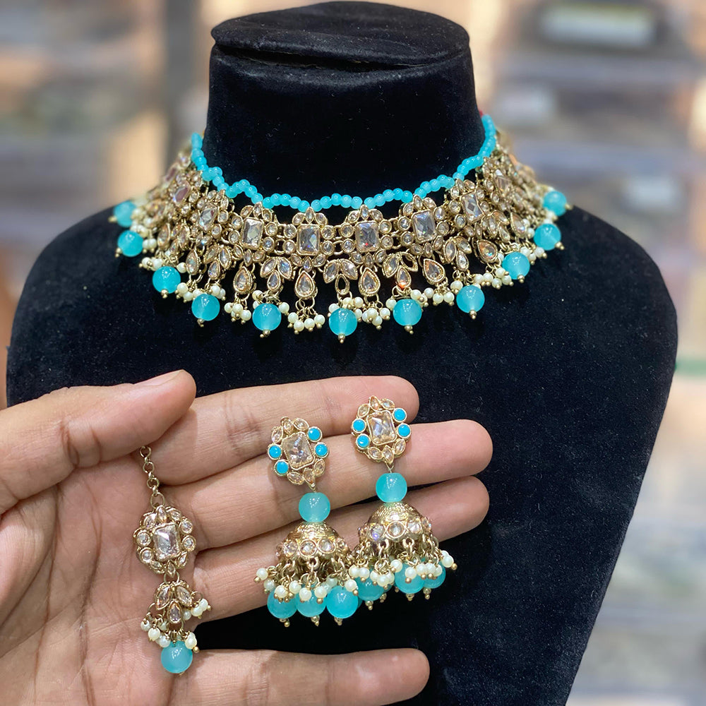 Hira Collections Traditional Gold Plated  Beads and Crystals Choker Necklace Set