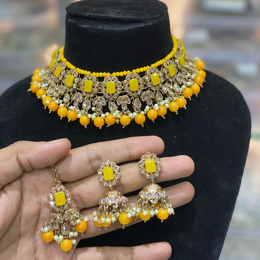 Hira Collections Traditional Gold Plated  Beads and Crystals Choker Necklace Set