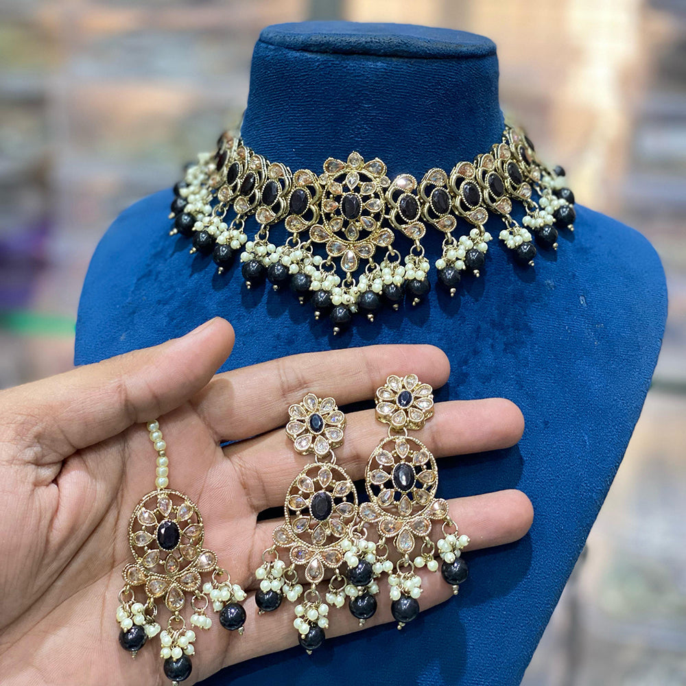 Hira Collections Traditional Gold Plated  Beads and Crystals Choker Necklace Set