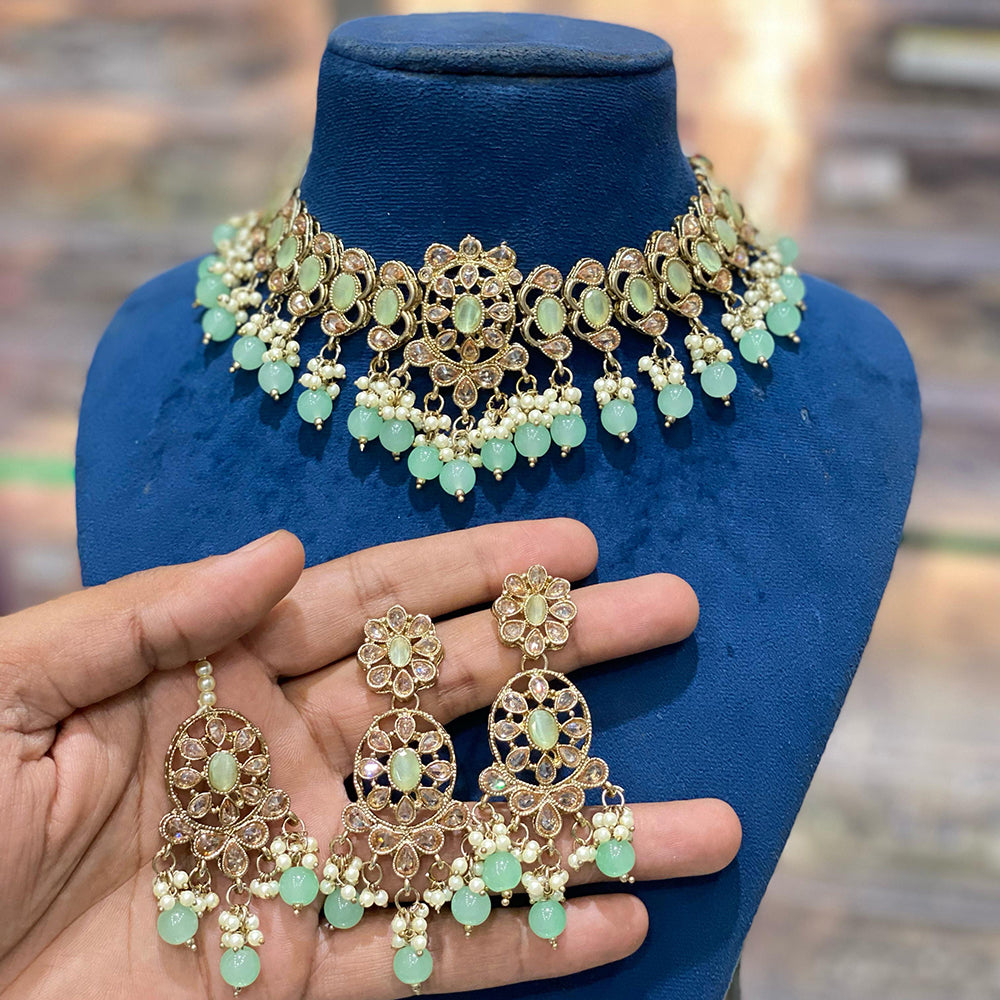 Hira Collections Traditional Gold Plated  Beads and Crystals Choker Necklace Set