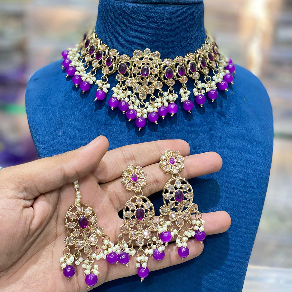 Hira Collections Traditional Gold Plated  Beads and Crystals Choker Necklace Set