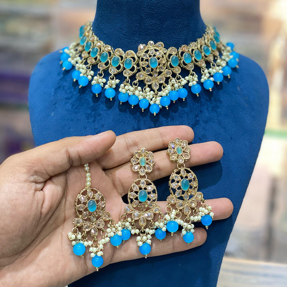 Hira Collections Traditional Gold Plated  Beads and Crystals Choker Necklace Set
