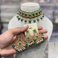 Hira Collections Traditional Gold Plated  Beads and Crystals Choker Necklace Set