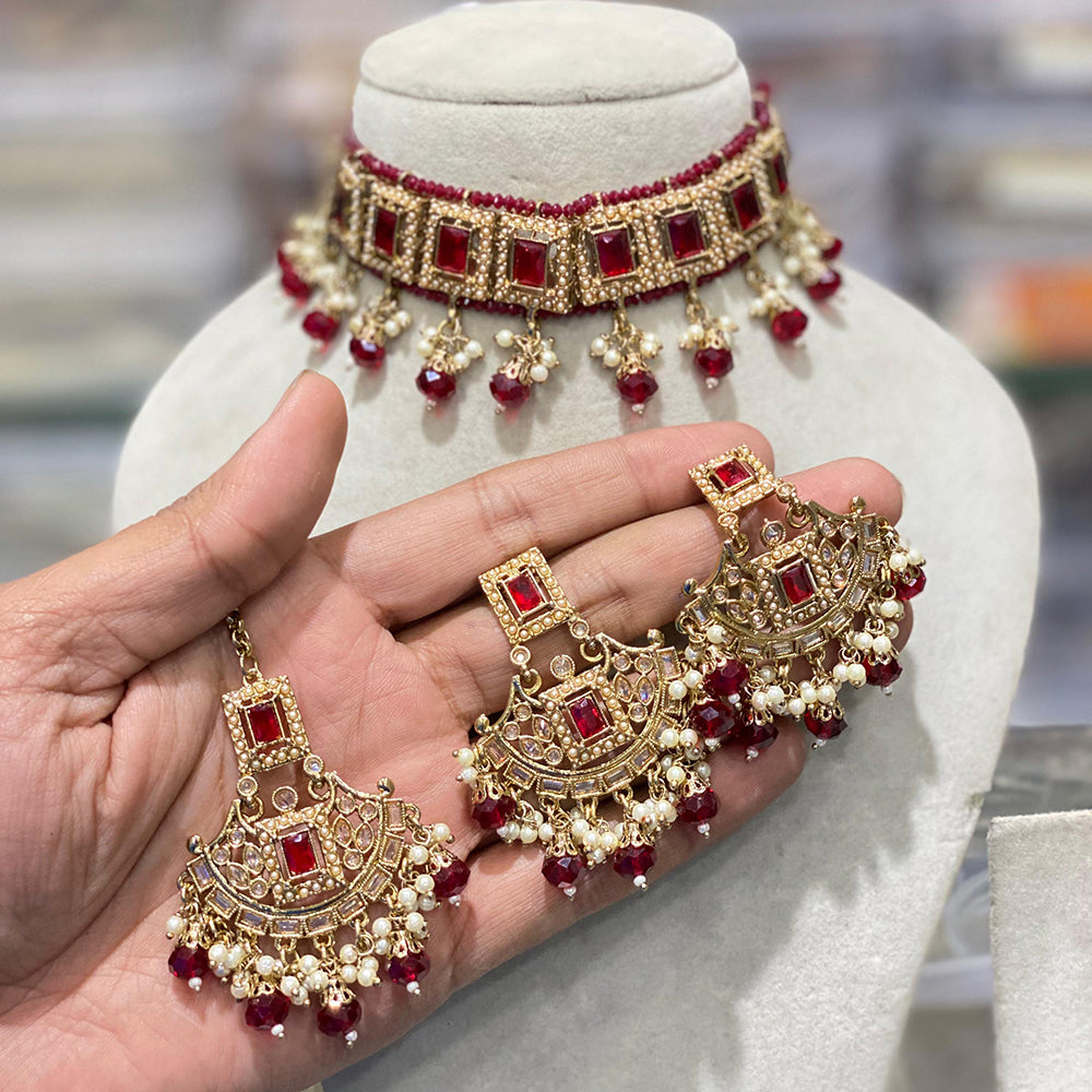 Hira Collections Traditional Gold Plated  Beads and Crystals Choker Necklace Set