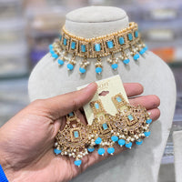 Hira Collections Traditional Gold Plated  Beads and Crystals Choker Necklace Set