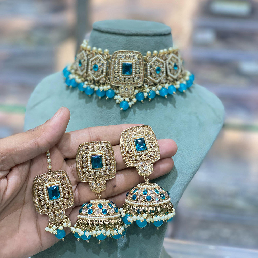 Hira Collections Traditional Gold Plated  Beads and Crystals Choker Necklace Set