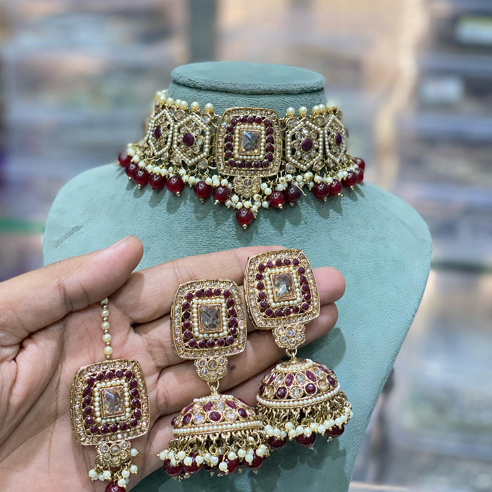 Hira Collections Traditional Gold Plated  Beads and Crystals Choker Necklace Set
