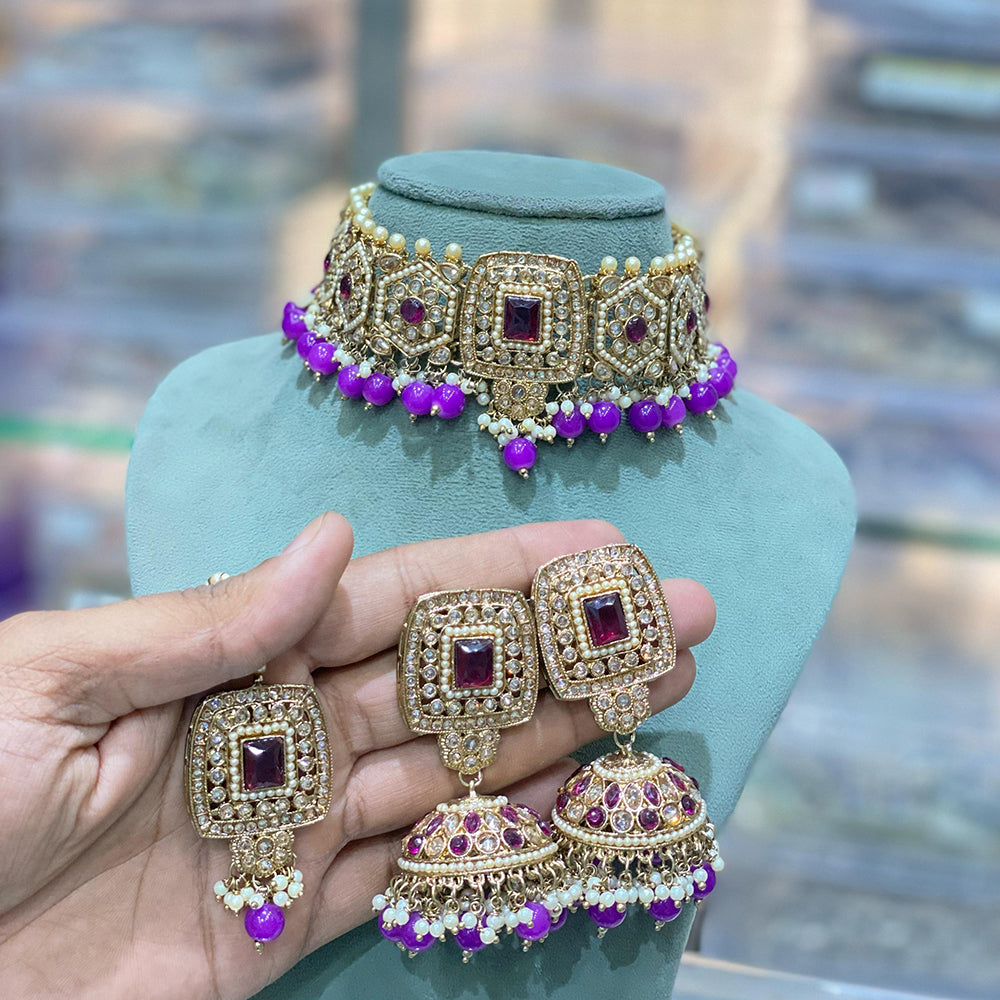 Hira Collections Traditional Gold Plated  Beads and Crystals Choker Necklace Set