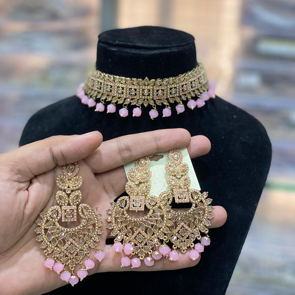 Hira Collections Traditional Gold Plated  Beads and Crystals Choker Necklace Set