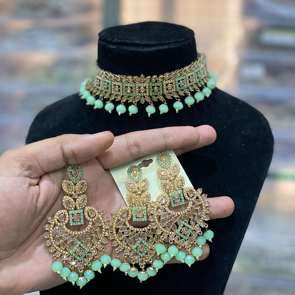 Hira Collections Traditional Gold Plated  Beads and Crystals Choker Necklace Set