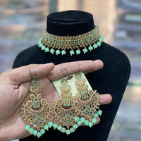 Hira Collections Traditional Gold Plated  Beads and Crystals Choker Necklace Set