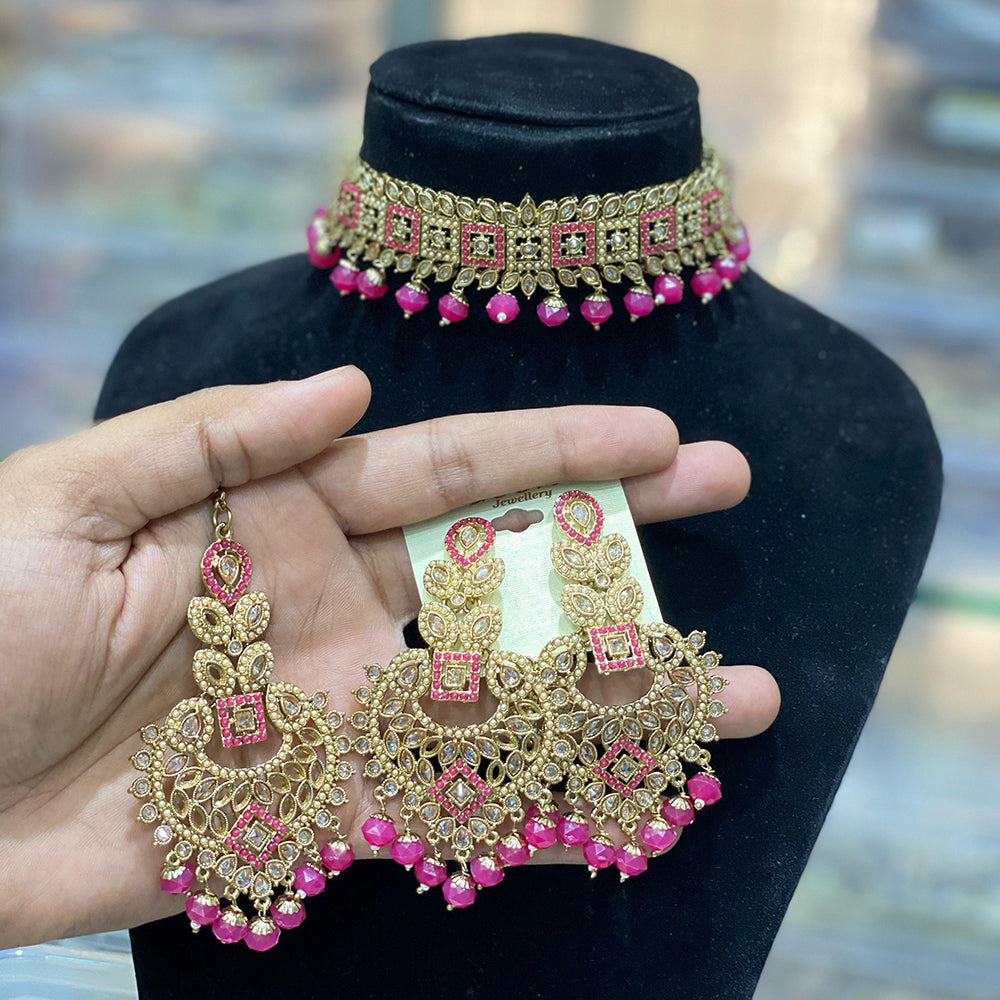 Hira Collections Traditional Gold Plated  Beads and Crystals Choker Necklace Set
