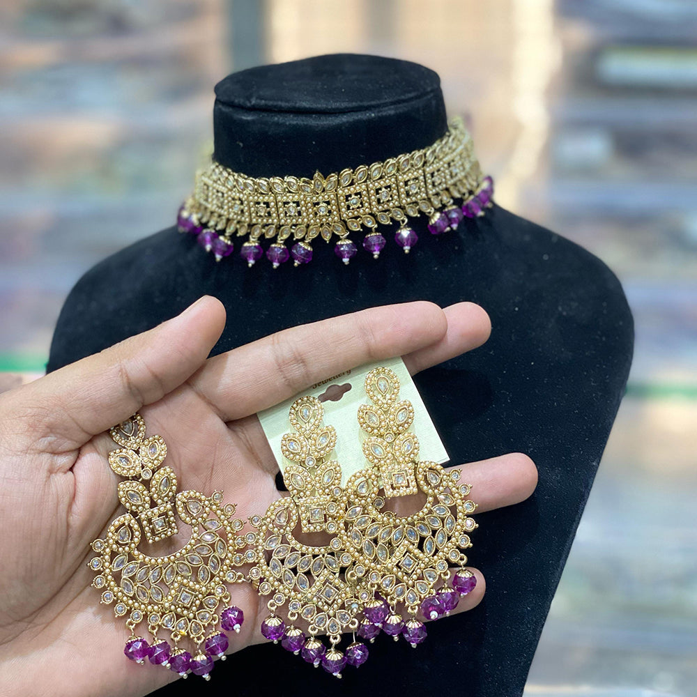 Hira Collections Traditional Gold Plated  Beads and Crystals Choker Necklace Set