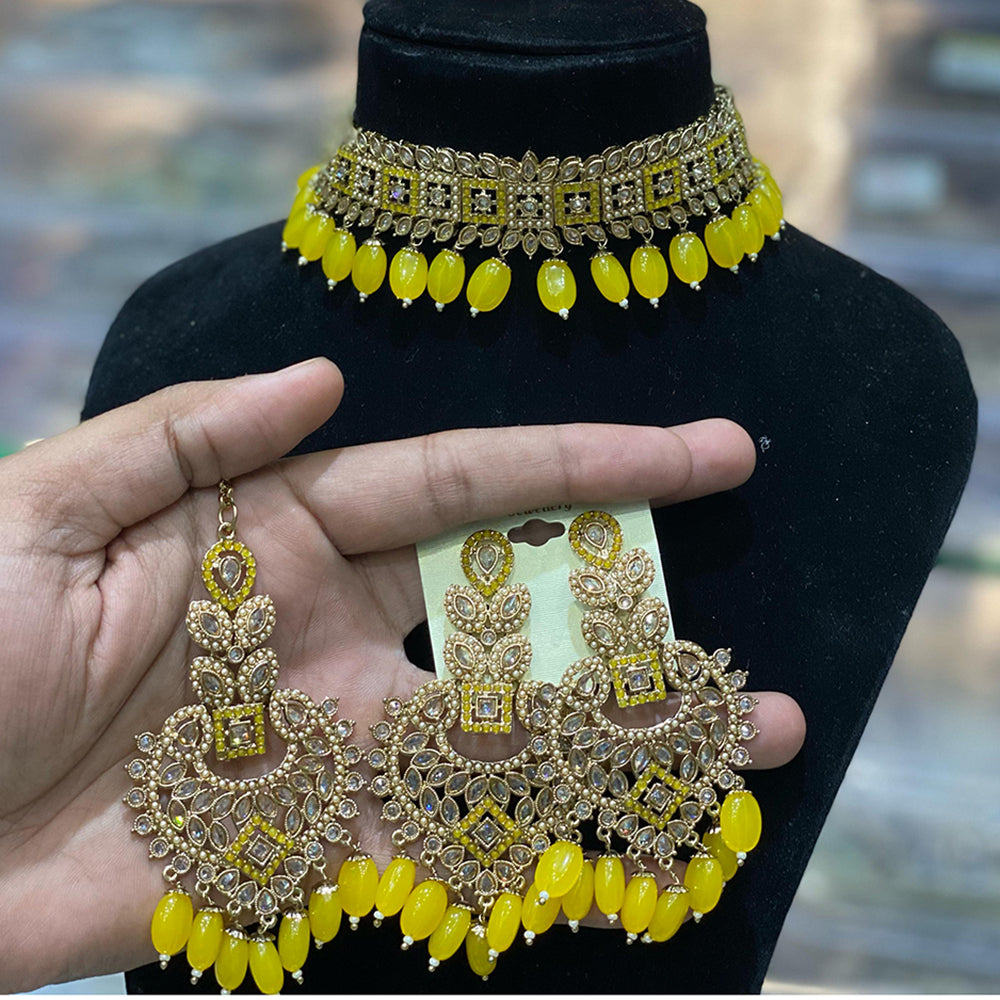 Hira Collections Traditional Gold Plated  Beads and Crystals Choker Necklace Set