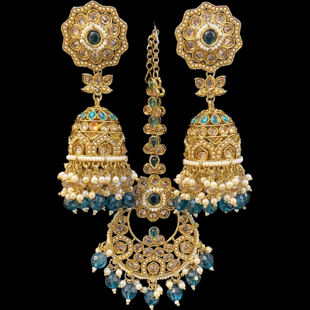 Hira Collections Gold Plated Crystals And Pearl Jhumki Earrings With Maangtikka