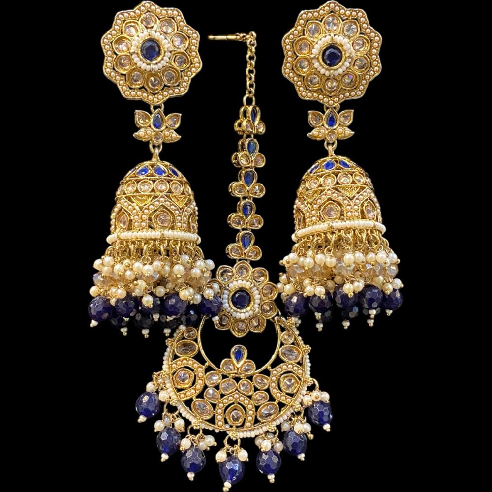 Hira Collections Gold Plated Crystals And Pearl Jhumki Earrings With Maangtikka