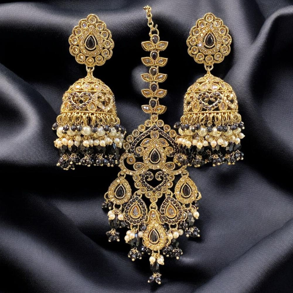Hira Collections Gold Plated Crystals And Pearl Jhumki Earrings With Maangtikka