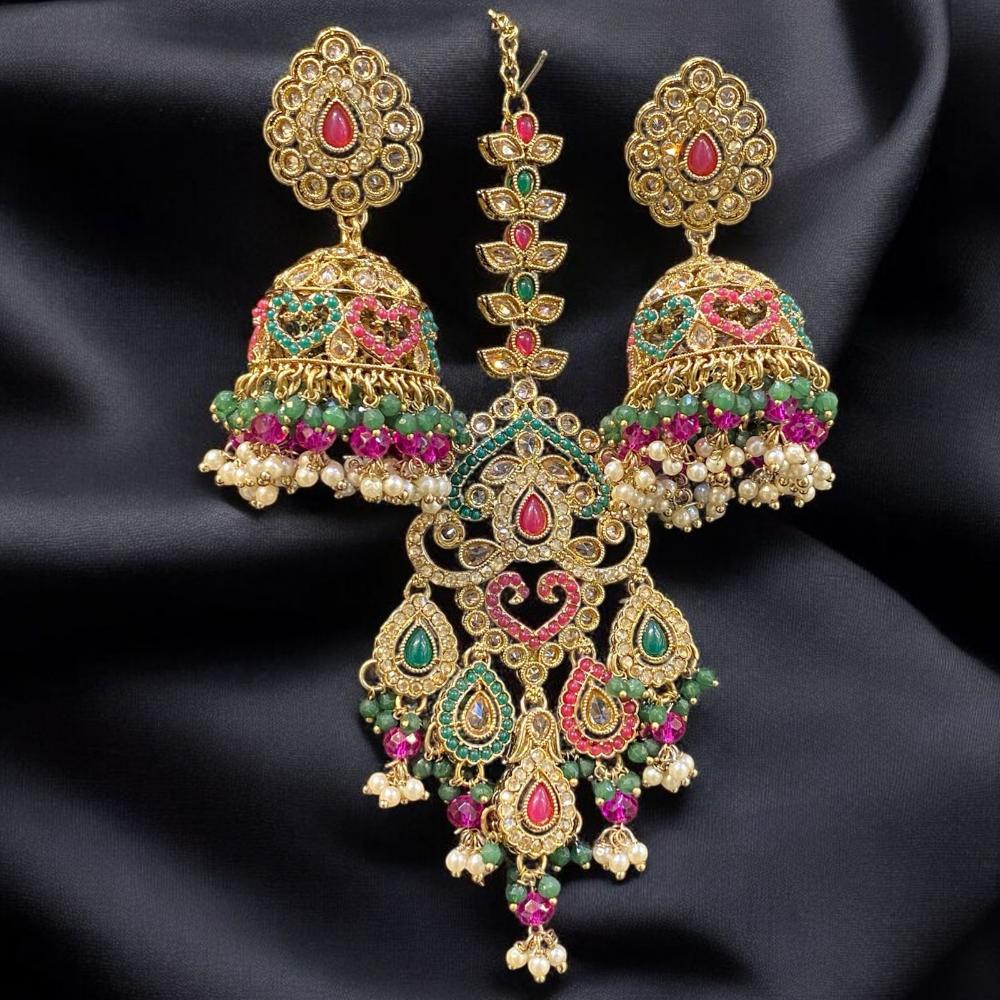Hira Collections Gold Plated Crystals And Pearl Jhumki Earrings With Maangtikka