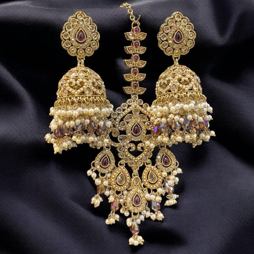 Hira Collections Gold Plated Crystals And Pearl Jhumki Earrings With Maangtikka