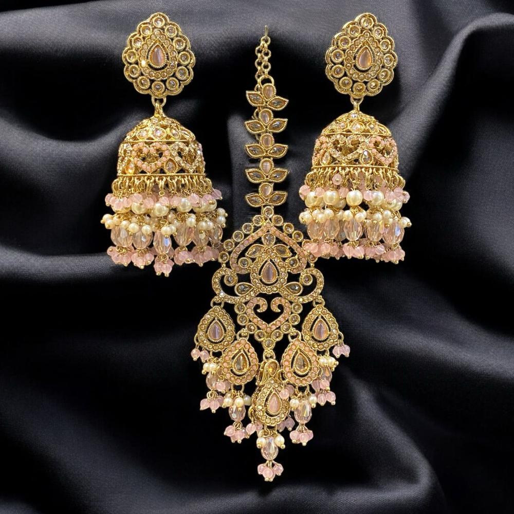 Hira Collections Gold Plated Crystals And Pearl Jhumki Earrings With Maangtikka
