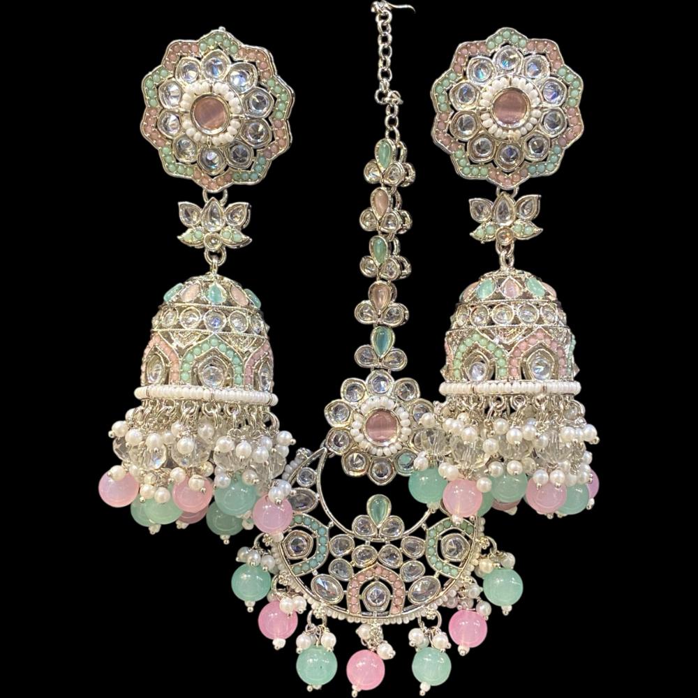 Hira Collections Silver Plated Crystals And Pearl Jhumki Earrings With Maangtikka