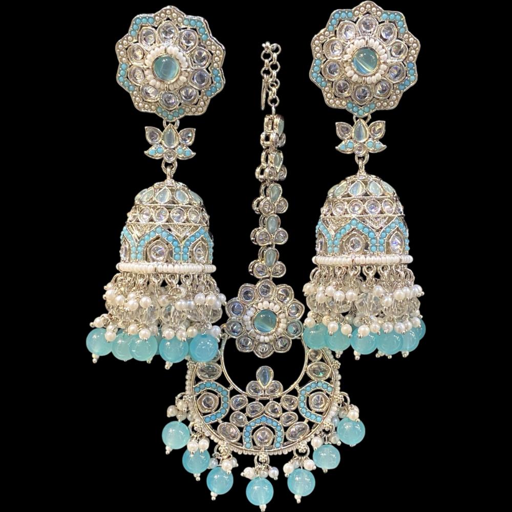 Hira Collections Silver Plated Crystals And Pearl Jhumki Earrings With Maangtikka