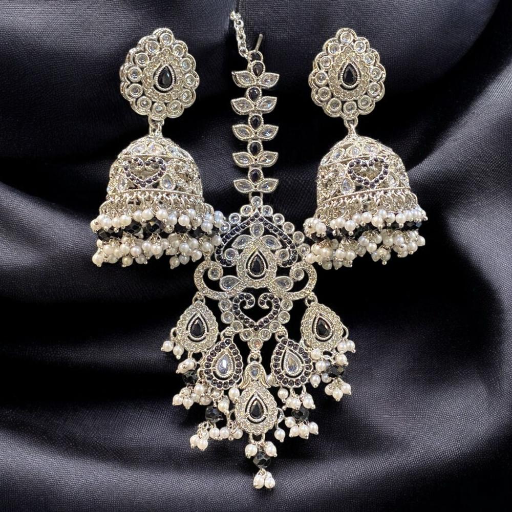 Hira Collections Silver Plated Crystals And Pearl Jhumki Earrings With Maangtikka