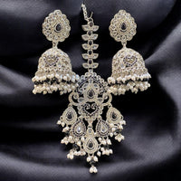 Hira Collections Silver Plated Crystals And Pearl Jhumki Earrings With Maangtikka