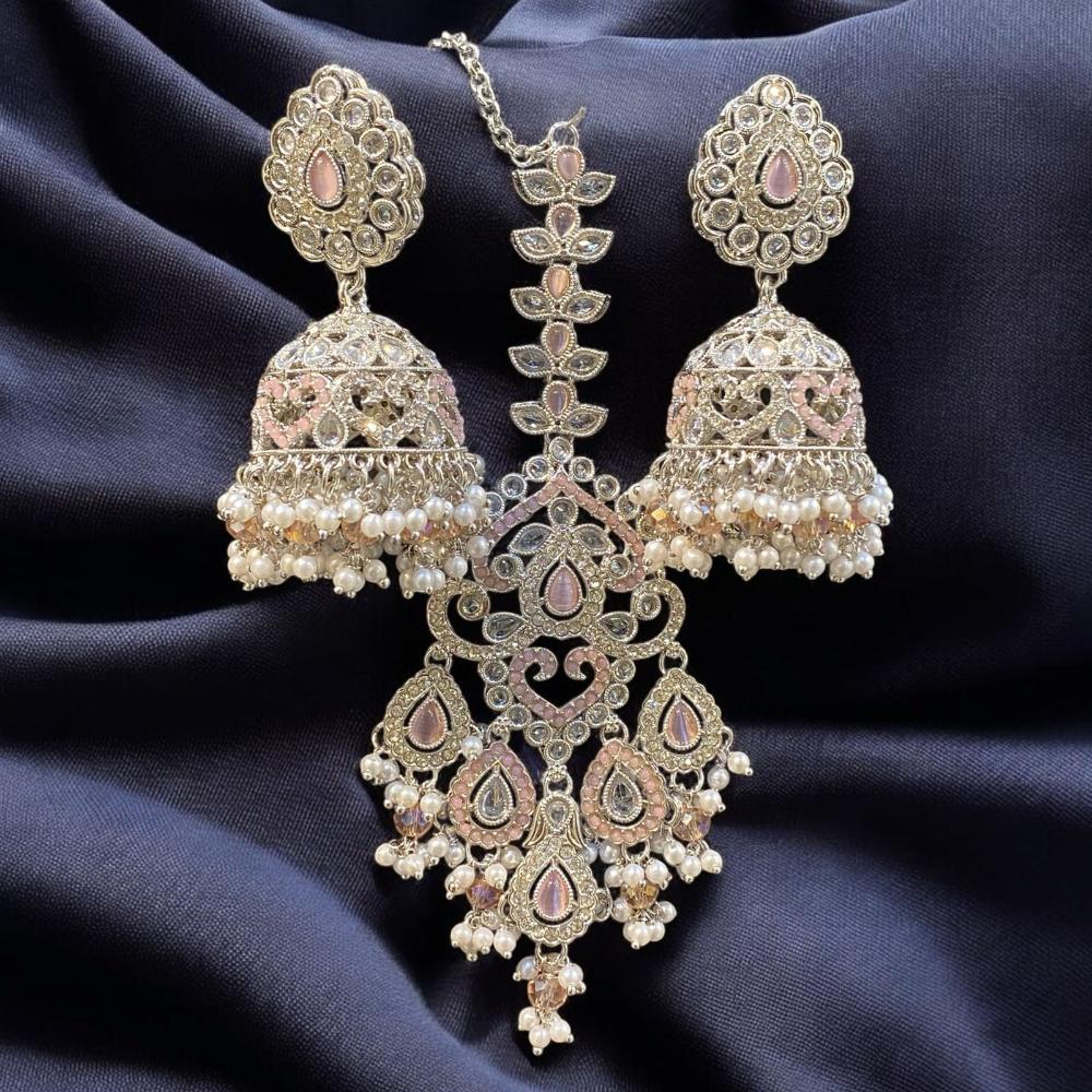 Hira Collections Silver Plated Crystals And Pearl Jhumki Earrings With Maangtikka
