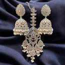 Hira Collections Silver Plated Crystals And Pearl Jhumki Earrings With Maangtikka
