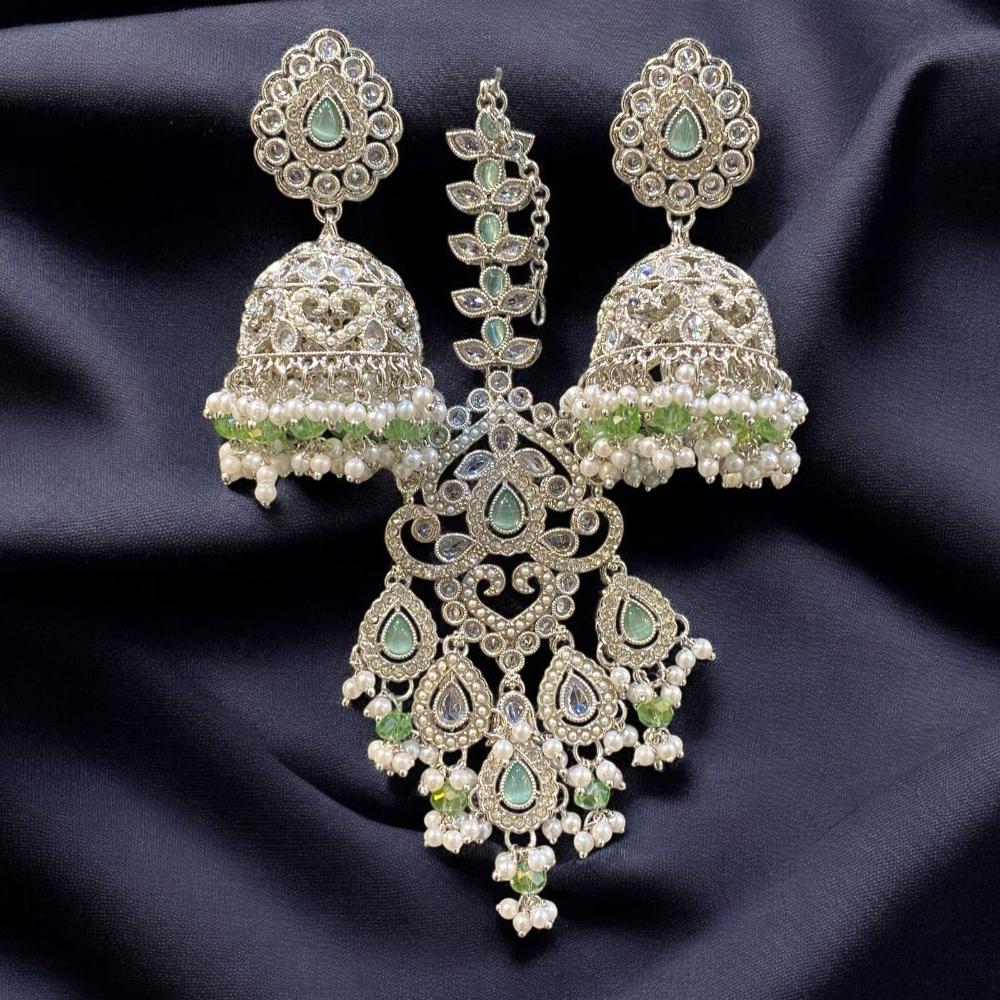 Hira Collections Silver Plated Crystals And Pearl Jhumki Earrings With Maangtikka