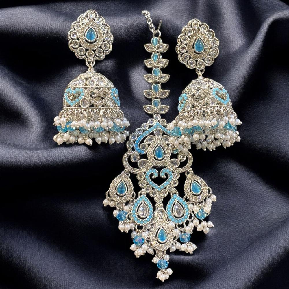 Hira Collections Silver Plated Crystals And Pearl Jhumki Earrings With Maangtikka