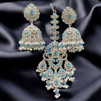 Hira Collections Silver Plated Crystals And Pearl Jhumki Earrings With Maangtikka