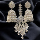 Hira Collections Silver Plated Crystals And Pearl Jhumki Earrings With Maangtikka