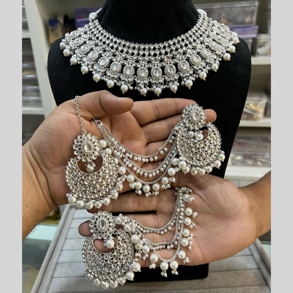 Hira Collections Traditional Silver Plated  Beads and Crystals Necklace Set