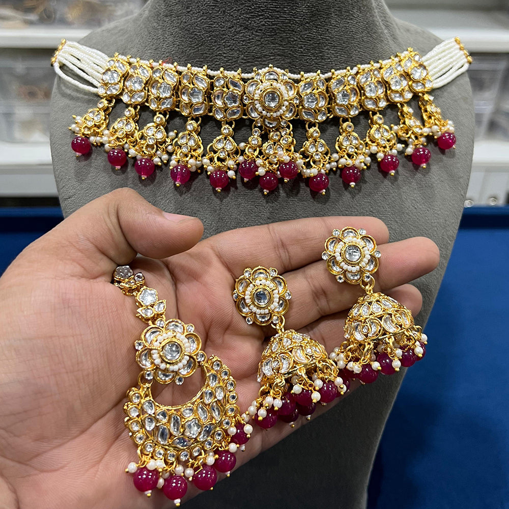 Hira Collections  Gold Plated Royal Kundan Stone And Beads Necklace Set
